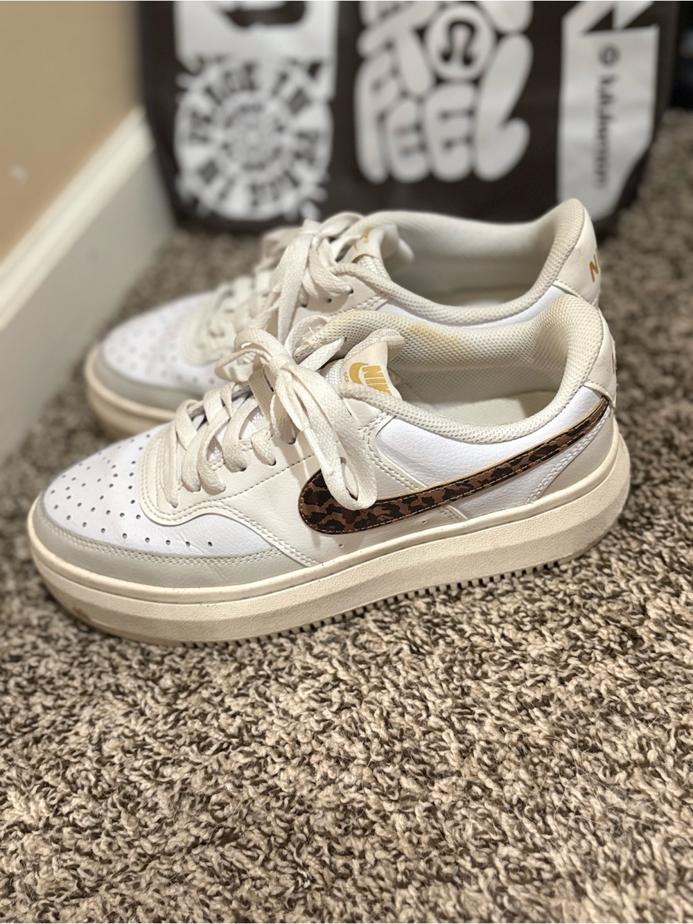 Nike Women's Cream & Brown Leopard Swoosh Platform Sneakers